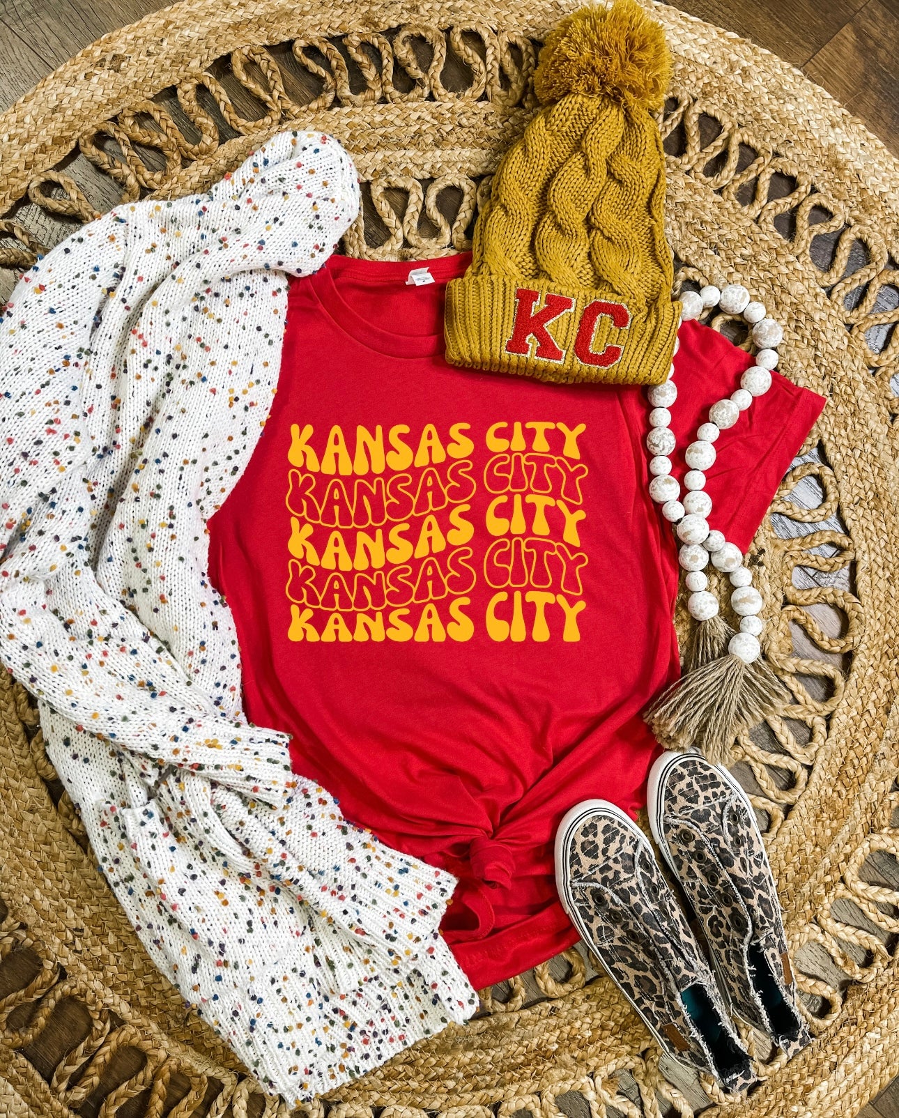 **HALFTIME DEAL** Wavy Repeat Gold Kansas City Red Tee