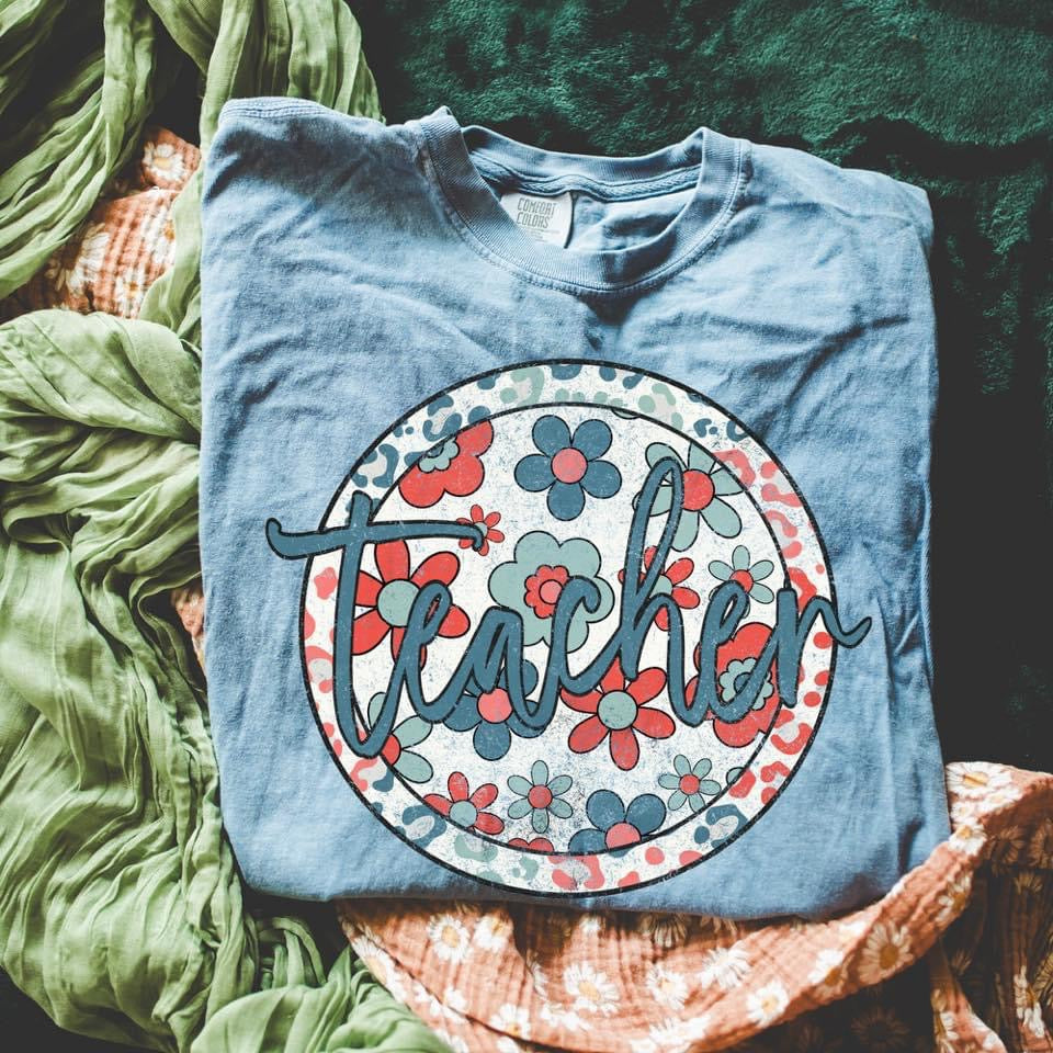 Teacher Circle Floral Script Ice Blue Tee
