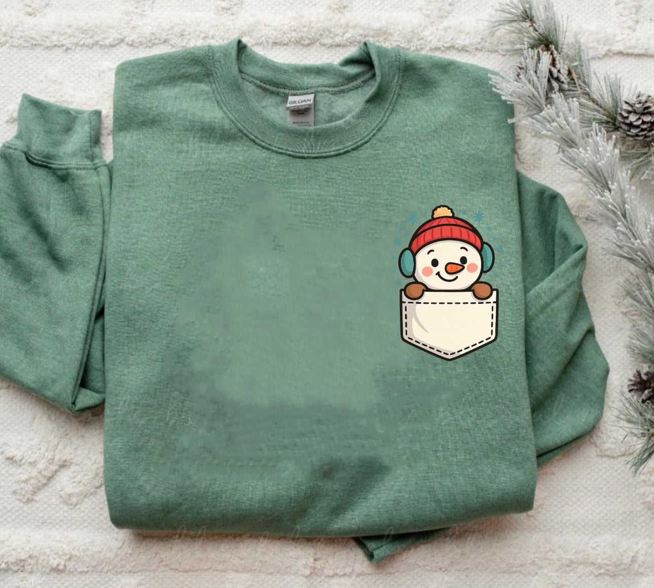 Pocket Snowman Heather Green Sweatshirt
