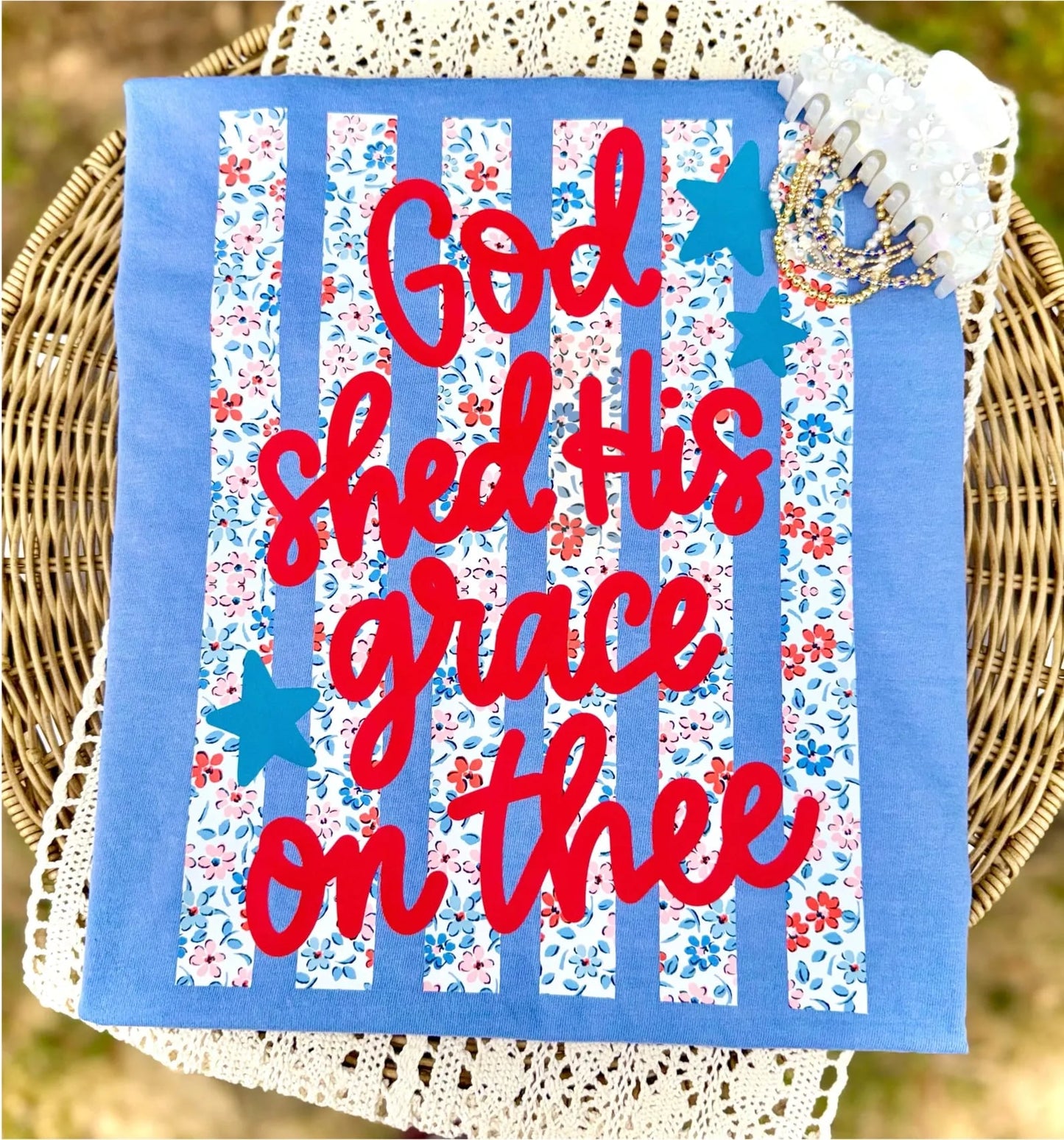 Floral Stripes God Shed His Grace On Thee Blue Jean Tee