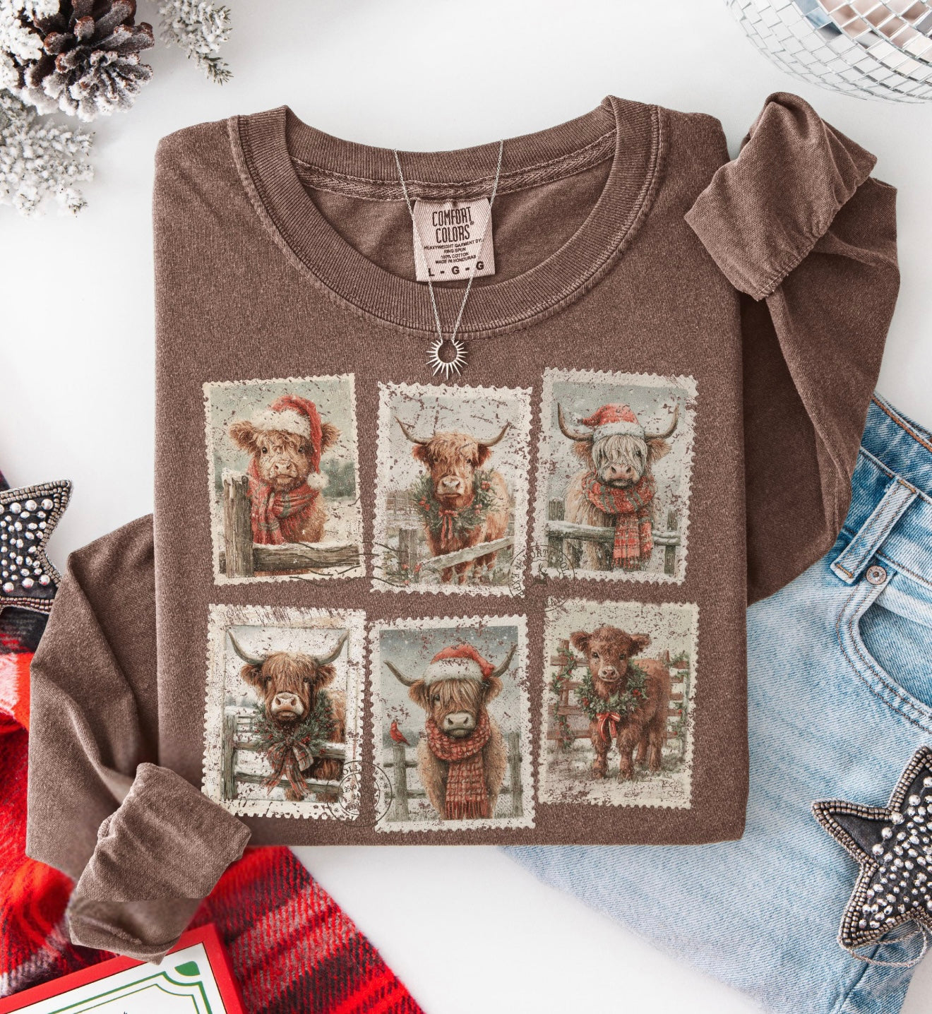 **CHRISTMAS IN JULY** Highland Cow Christmas Stamps Espresso Long Sleeve Tee