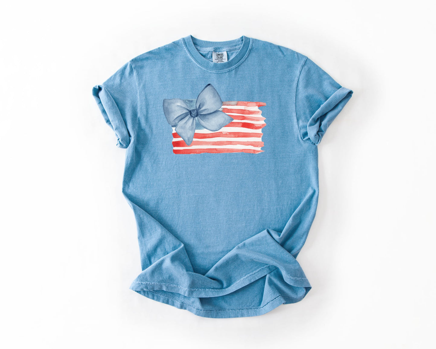 USA Flag With Bow Washed Denim Tee