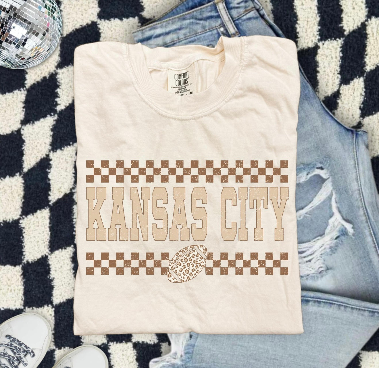 **HALFTIME DEAL** Brown Checkered Kansas City Football Ivory Tee