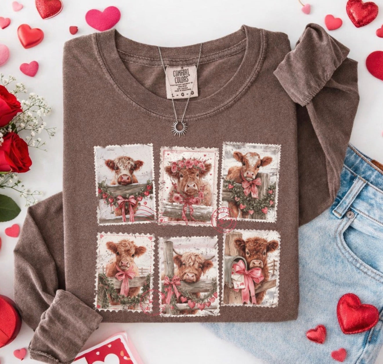Highland Cow Valentines Stamps Espresso Long Sleeve Tee
