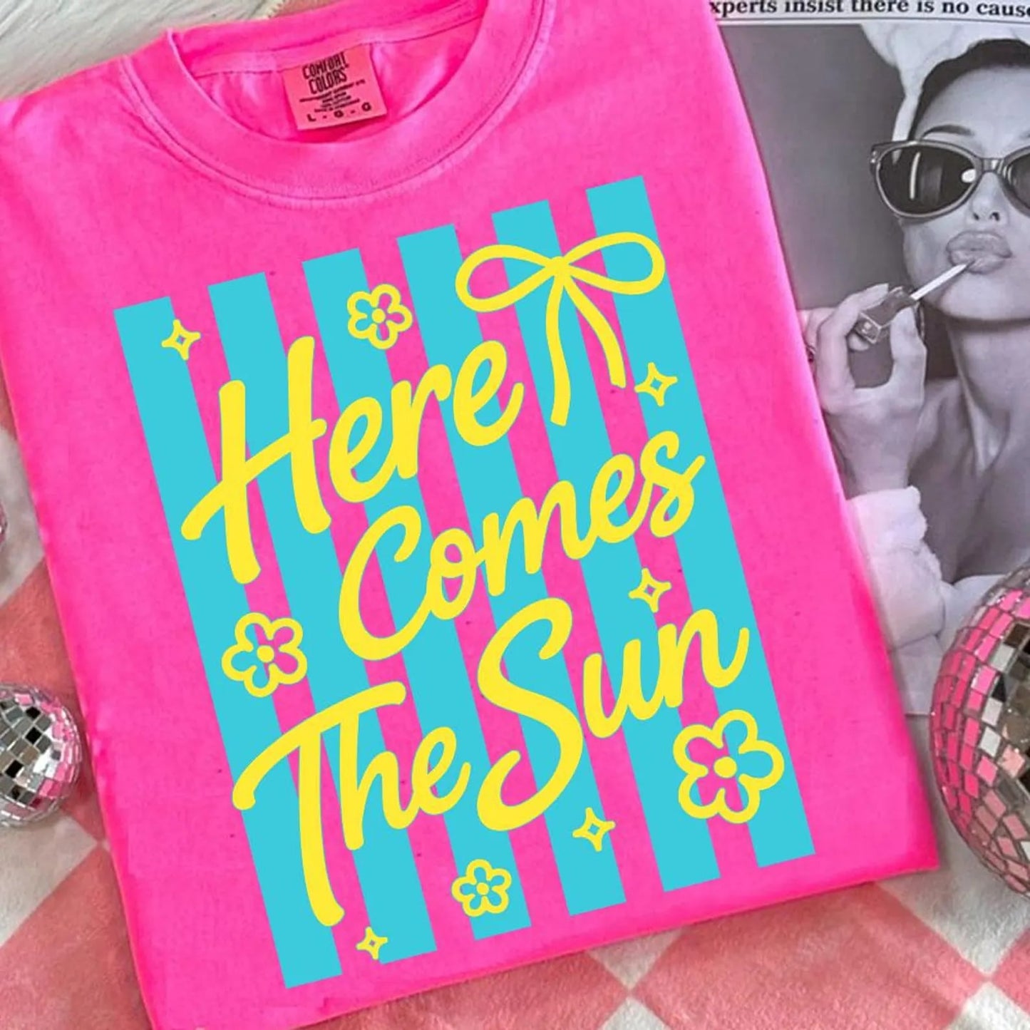 Flower & Bow Here Comes The Sun Neon Pink Tee