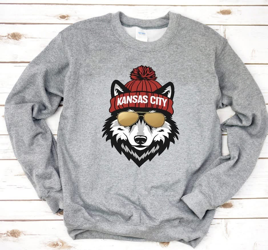 Vintage Wolf Kansas City Stocking Cap Sports Grey Sweatshirt
