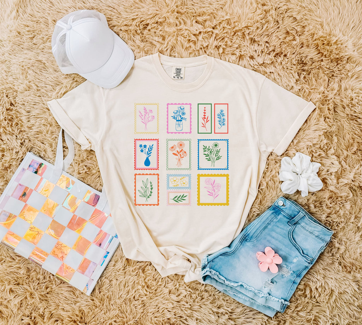 **DEAL PRICE** Colorful Flowers Postage Stamps Ivory Tee