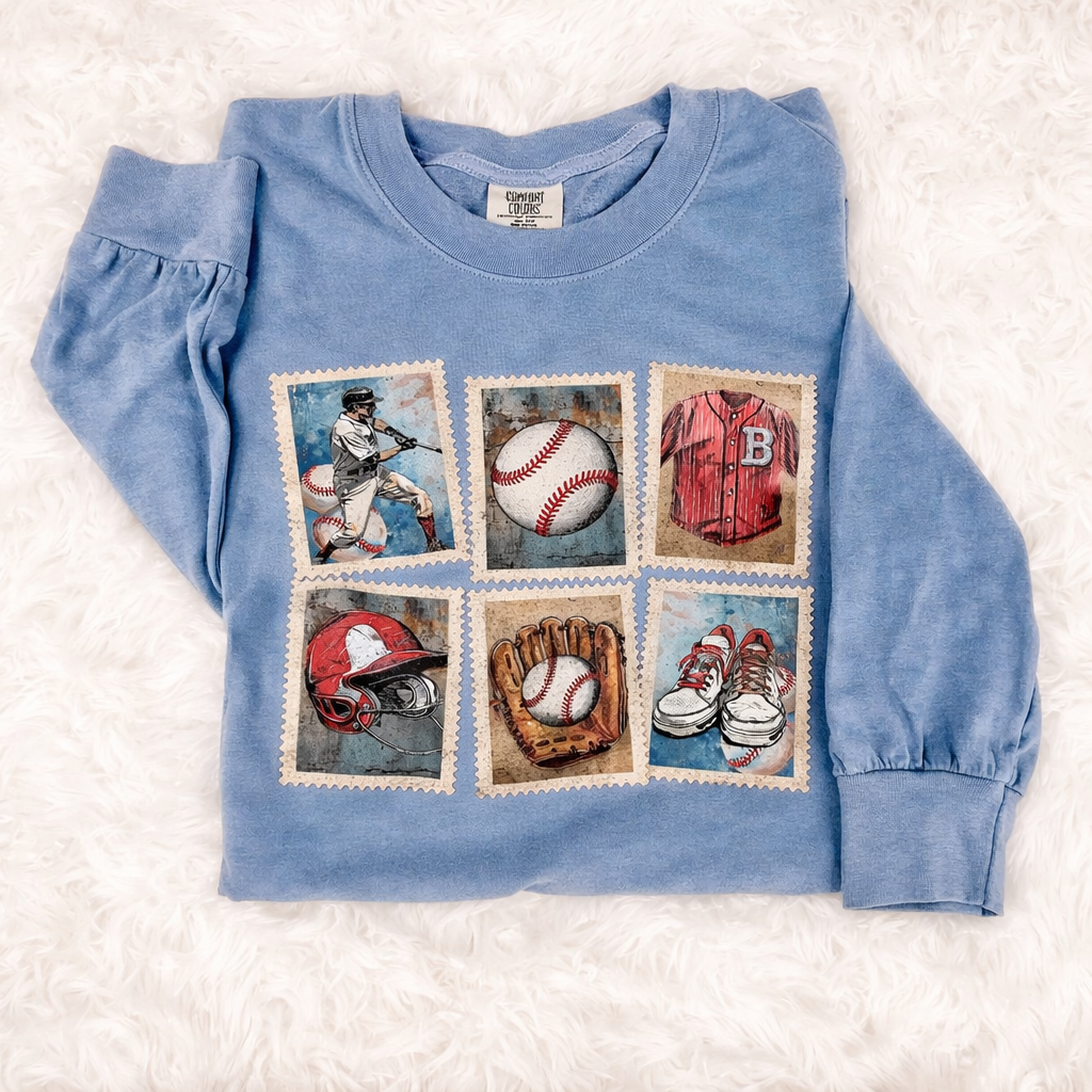 Baseball Stamps Blue Jean Long Sleeve Tee