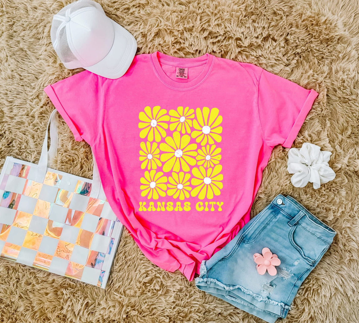 Yellow Daisy Collage KC Neon Pink Tee