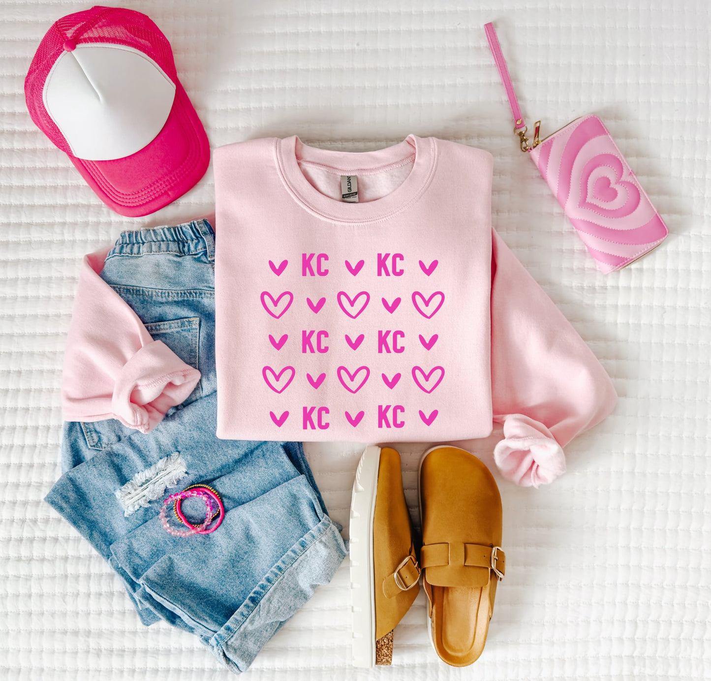 **HALFTIME DEAL** Bright Pink KC Heart Doodle Collage Light Pink Sweatshirt