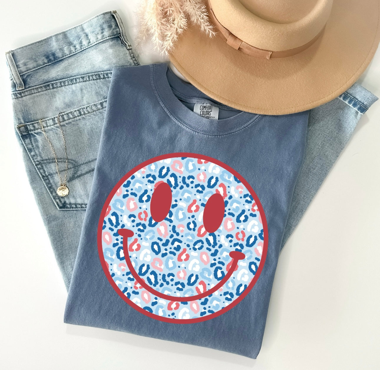 Red Blue Leopard Smiley Blue Tee
