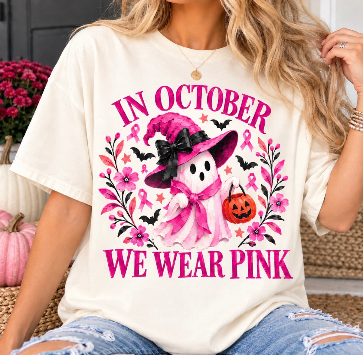 Pink Ribbon Spooky Season Ivory Tee
