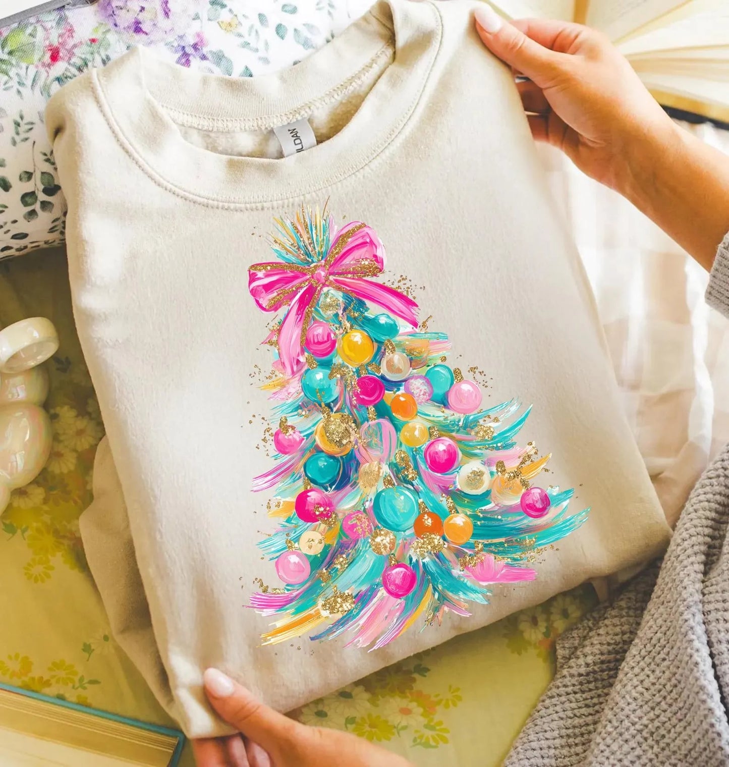**CHRISTMAS IN JULY** Christmas Tree Bow & Bulbs Sand Sweatshirt