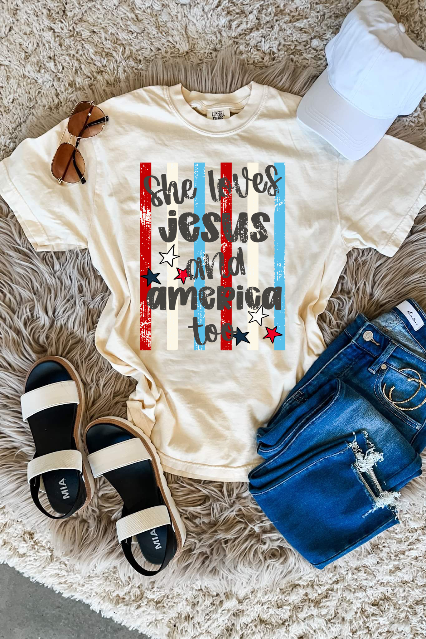 **DEAL OF THE DAY** Striped She Loves Jesus & American Too Ivory Tee