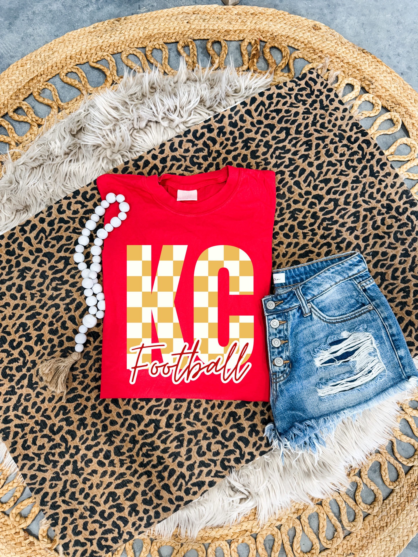 **HALFTIME DEAL** Gold & White Checkered KC Football Red Tee