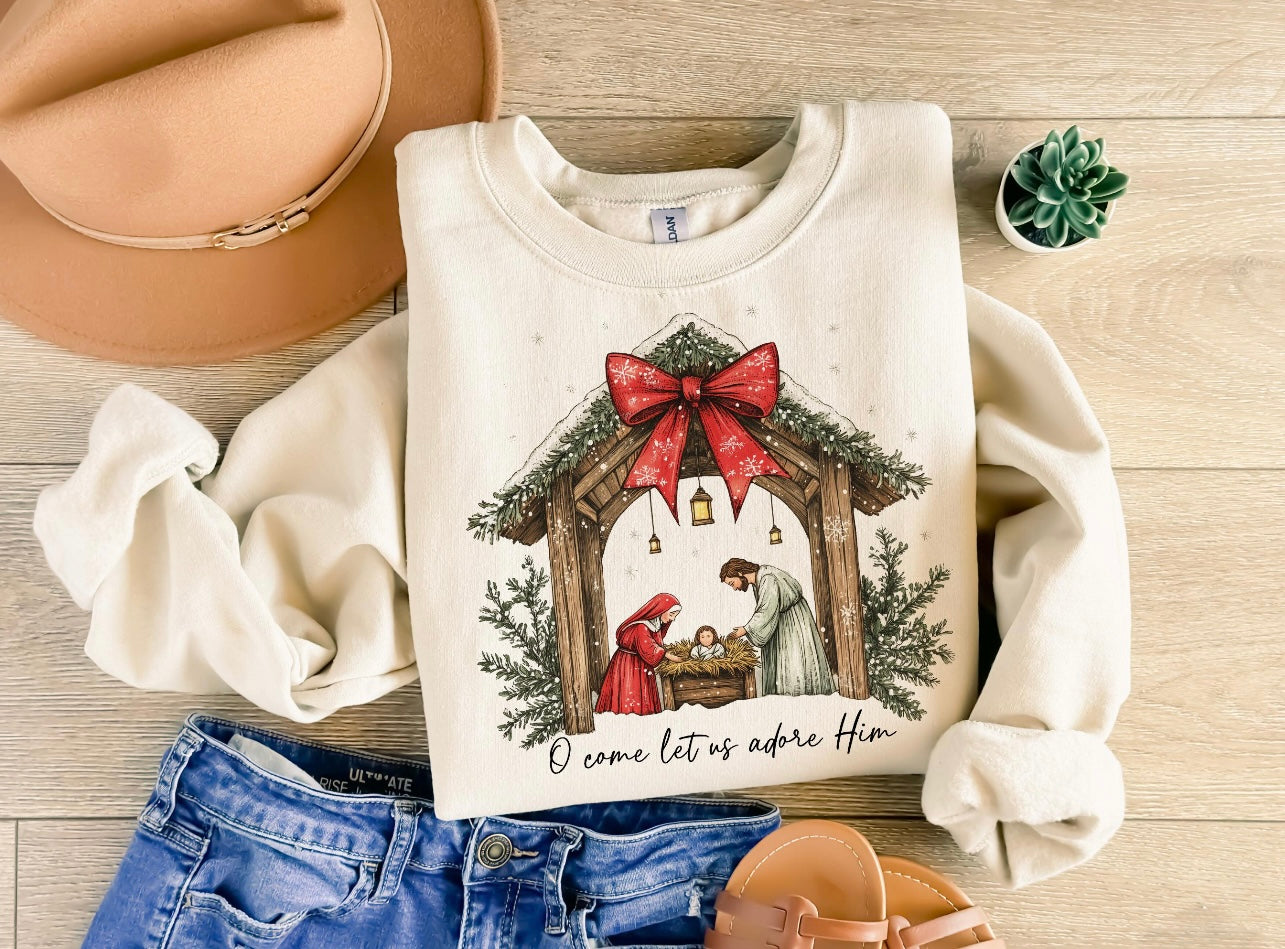 **CHRISTMAS IN JULY** Stable Come Let Us Adore Him Sand Sweatshirt