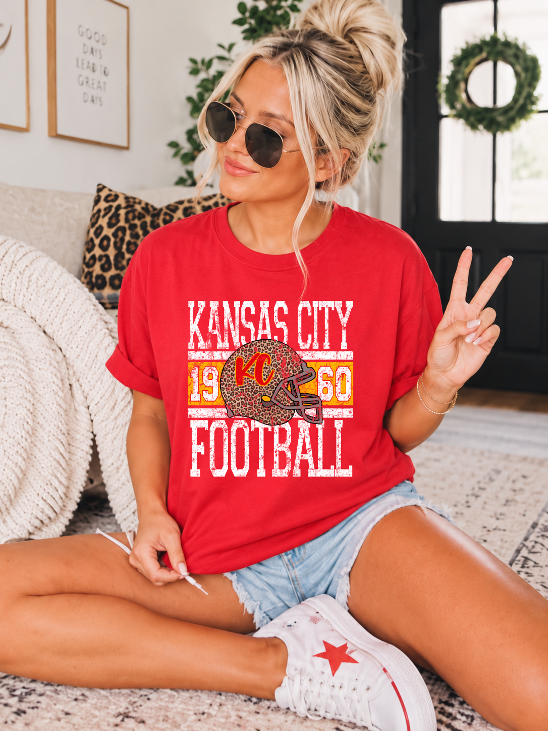 **HALFTIME DEAL** White Distressed Kansas City Leopard Helmet Heather Red Tee