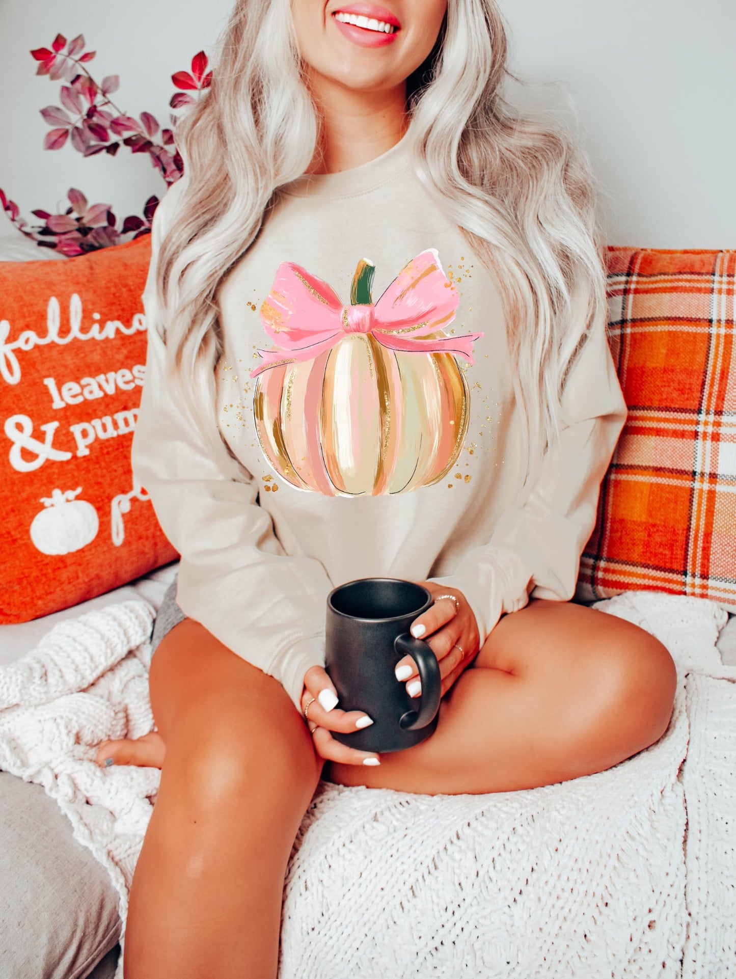 **DEAL OF THE DAY** Pink Bow Preppy Pumpkin Sand Sweatshirt