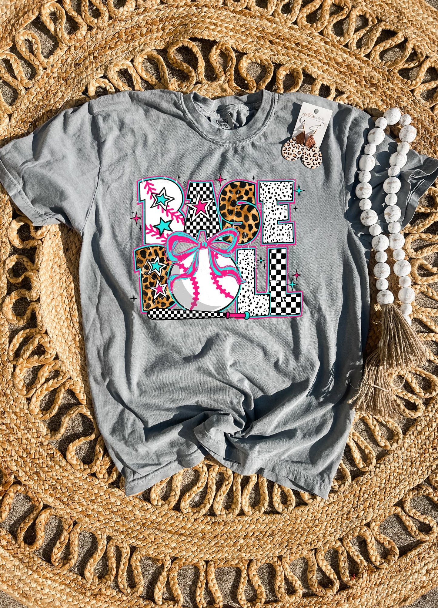 **DEAL PRICE** Checkered & Leopard Baseball Grey Tee