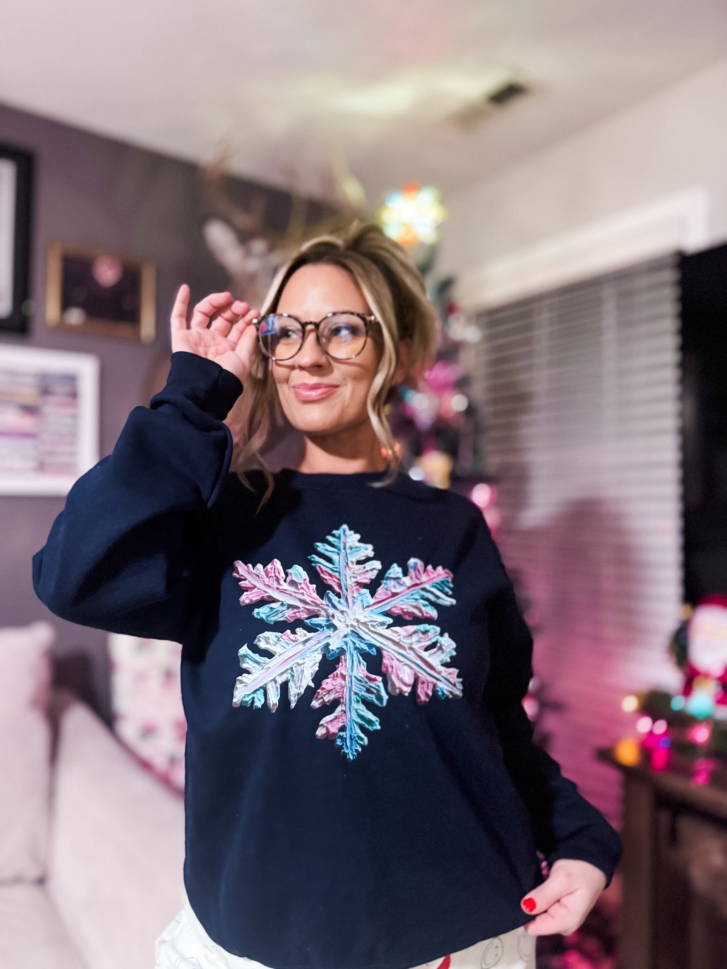 Hand Painted Stencil Snowflake Navy Sweatshirt