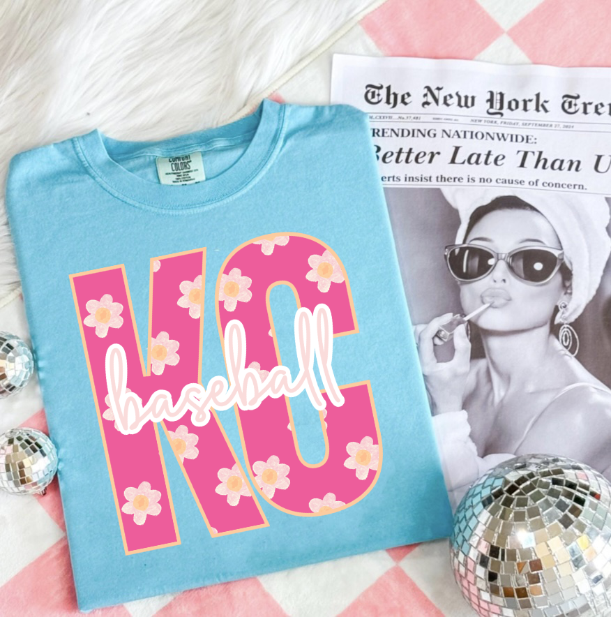 Pink Floral KC Baseball Lagoon Tee