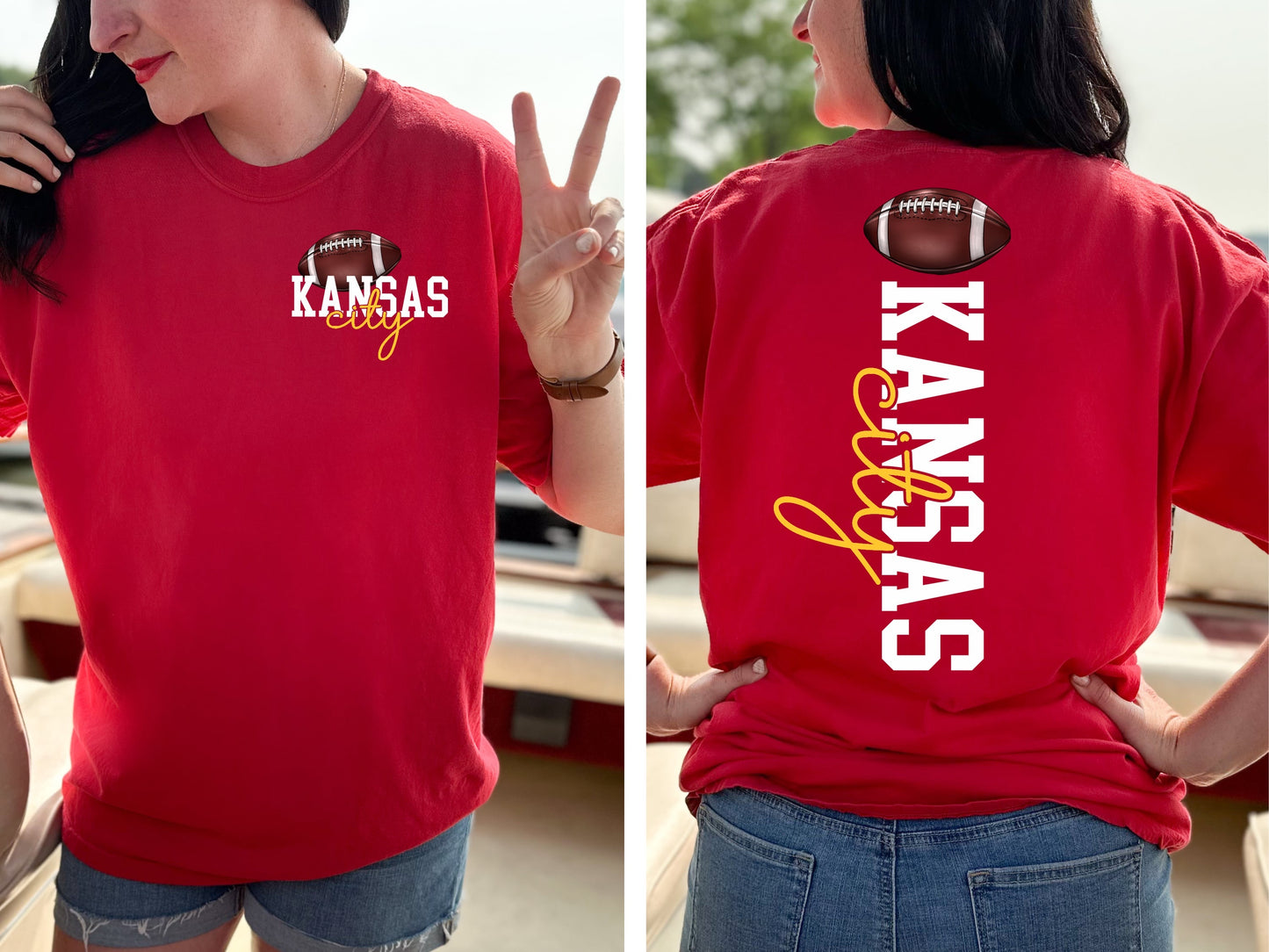 FRONT + BACK Kansas City Script Football Red Tee