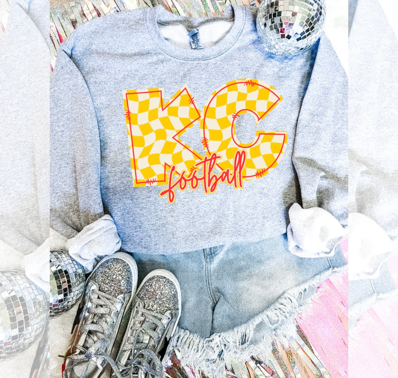 **HALFTIME DEAL** Gold Checkered Stitching KC Football Sports Grey Sweatshirt