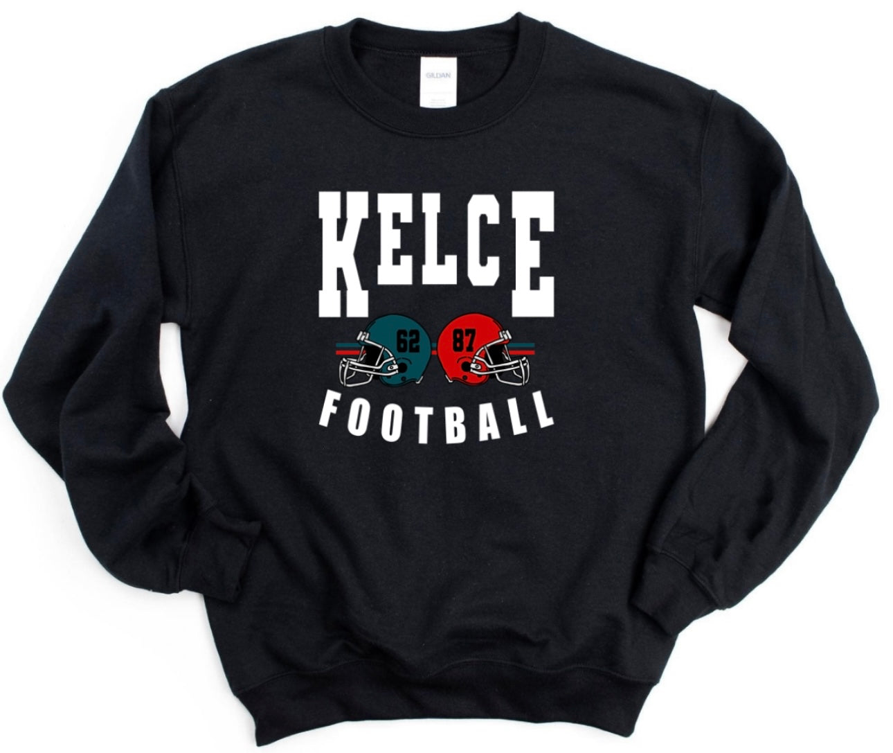 White Kelce Football Helmets Black Sweatshirt