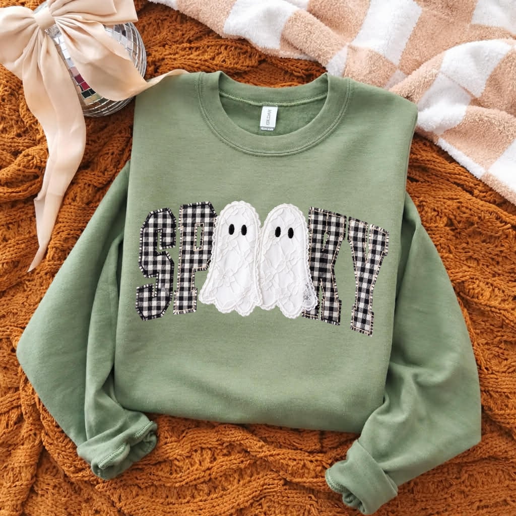 Black & White Checkered Ghost Spooky Military Green Sweatshirt
