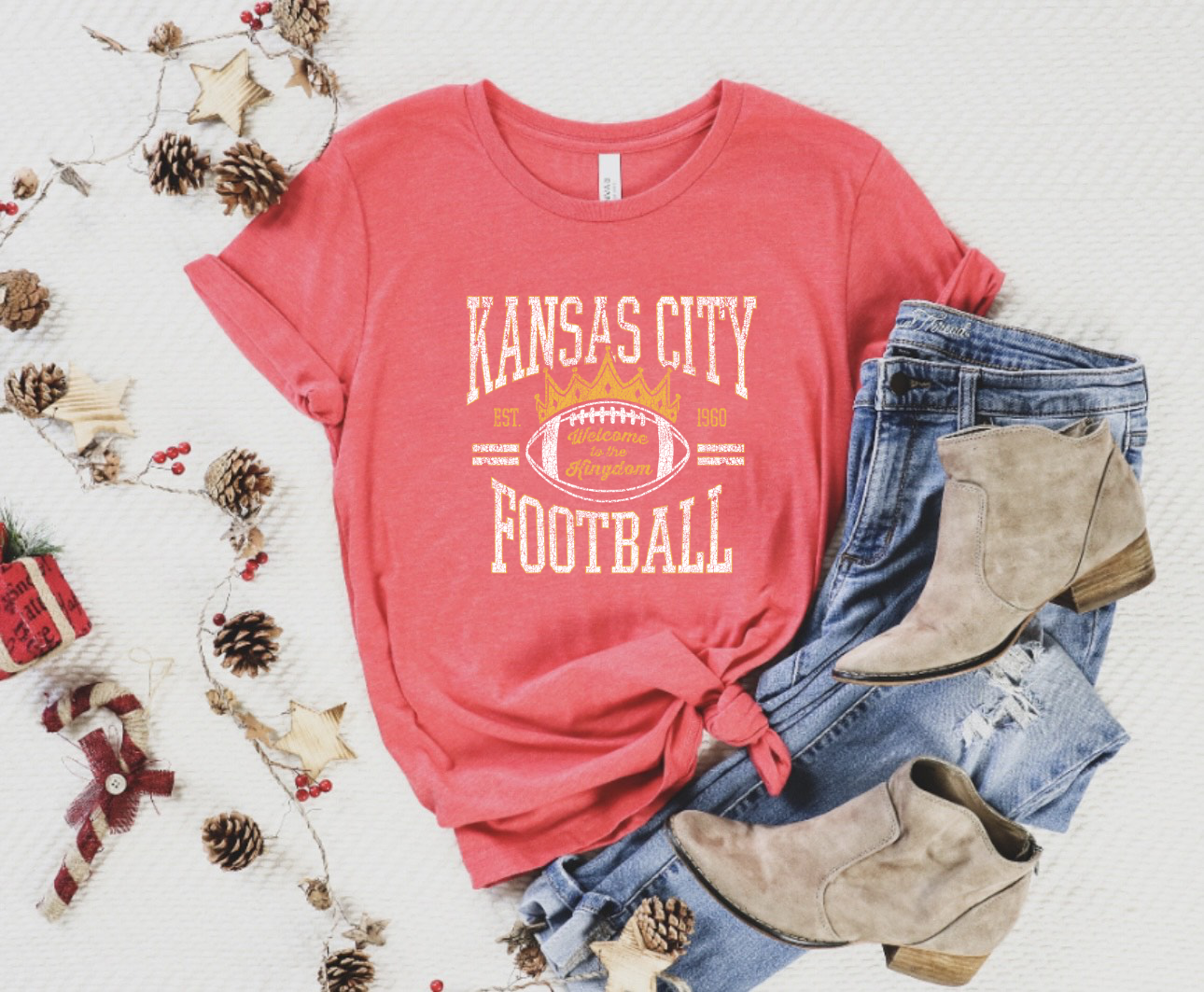 **HALFTIME DEAL** White Gold Crown Football Heather Red Tee