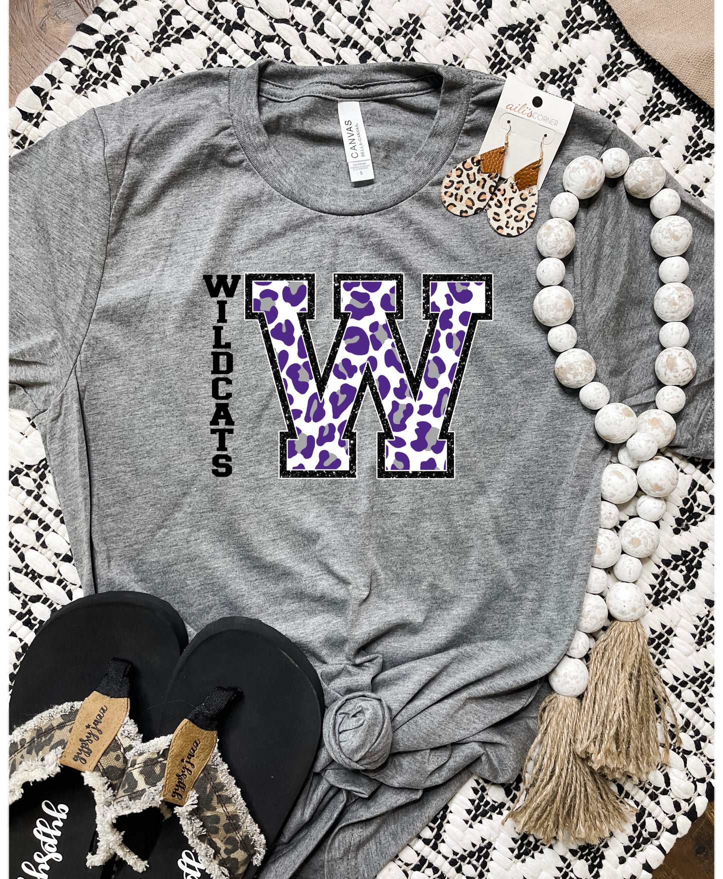Wildcats W Purple Leopard Charcoal Tee