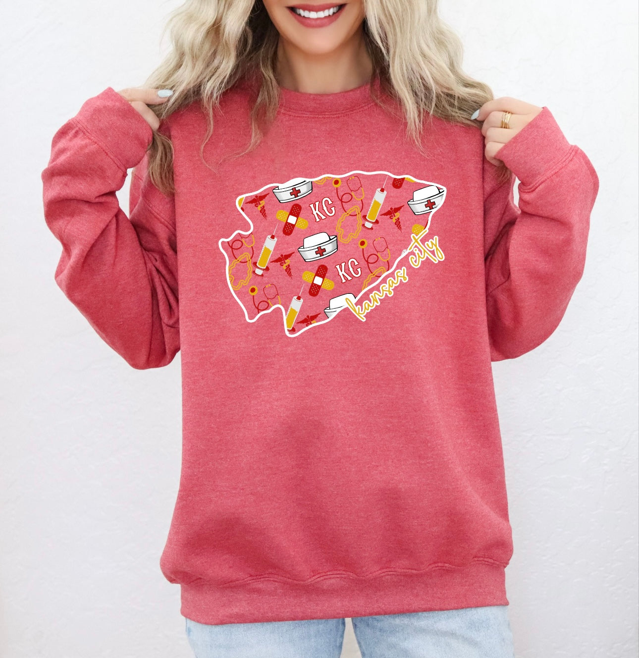 Kansas City Script Nurse Arrowhead Heather Red Sweatshirt