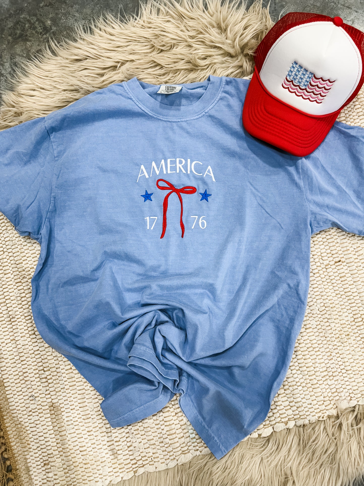 *EMBROIDERED* America Bow 1776 Washed Denim Tee