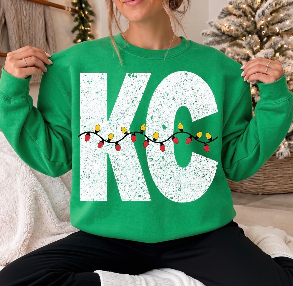 **HALFTIME DEAL** Distressed KC Block Christmas Lights Irish Green Sweatshirt **FINAL SALE**