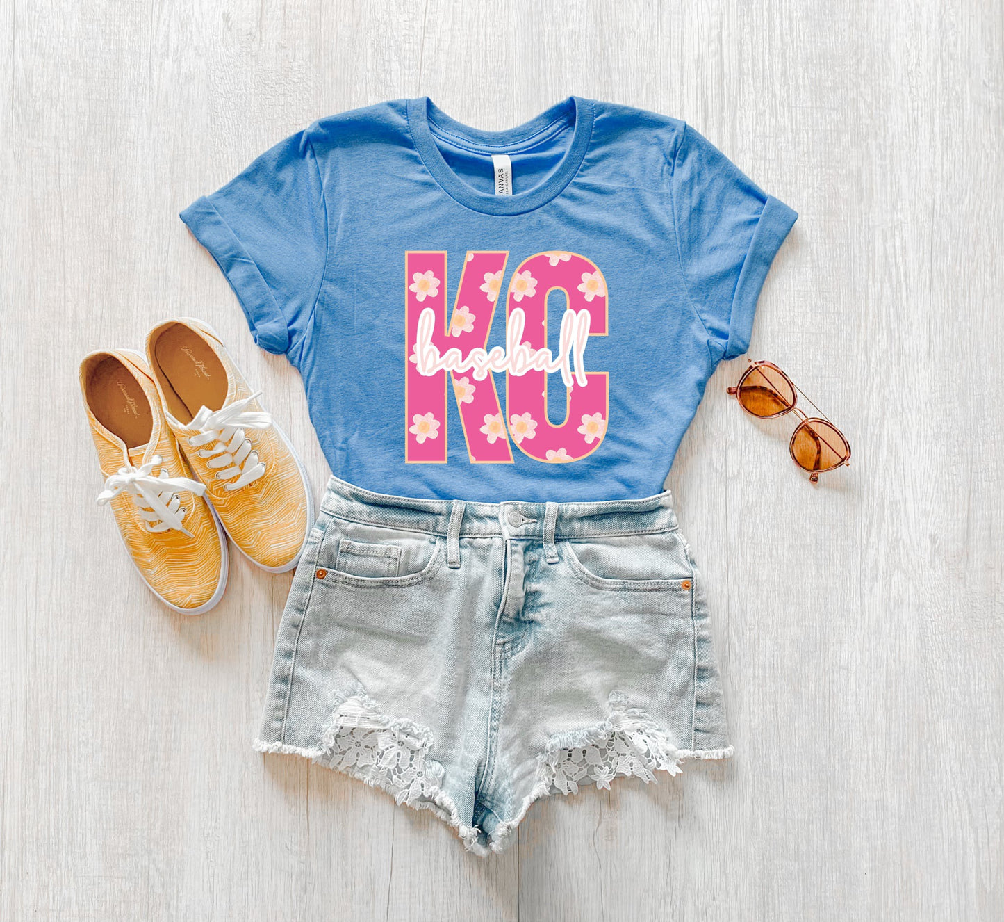 Pink Floral KC Baseball Heather Carolina Tee