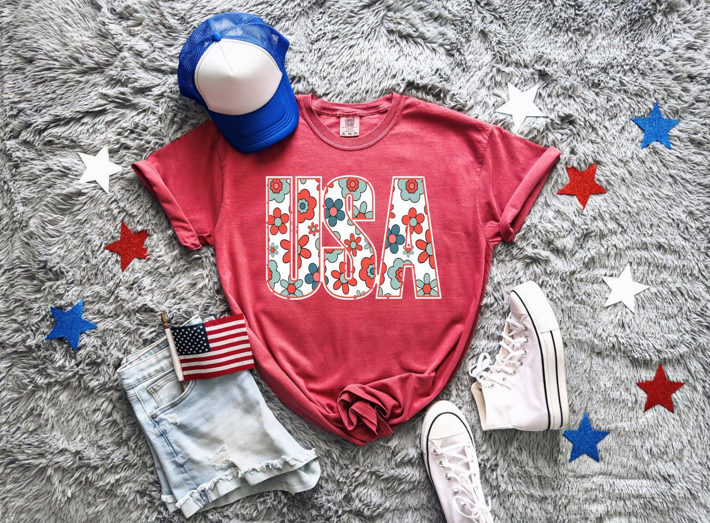 Retro Floral USA Crimson Tee