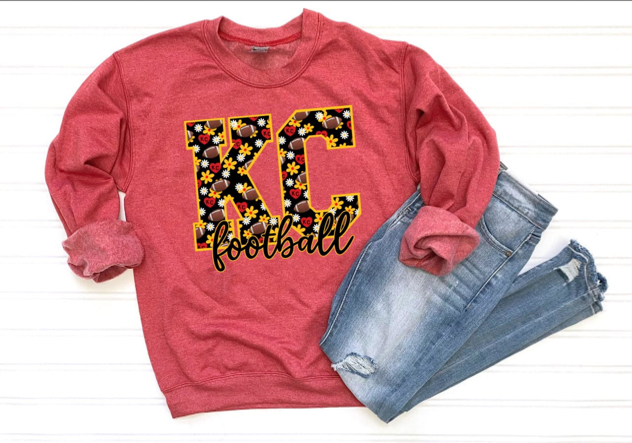 **HALFTIME DEAL** Daisy Football Collage KC Football Heather Red Sweatshirt