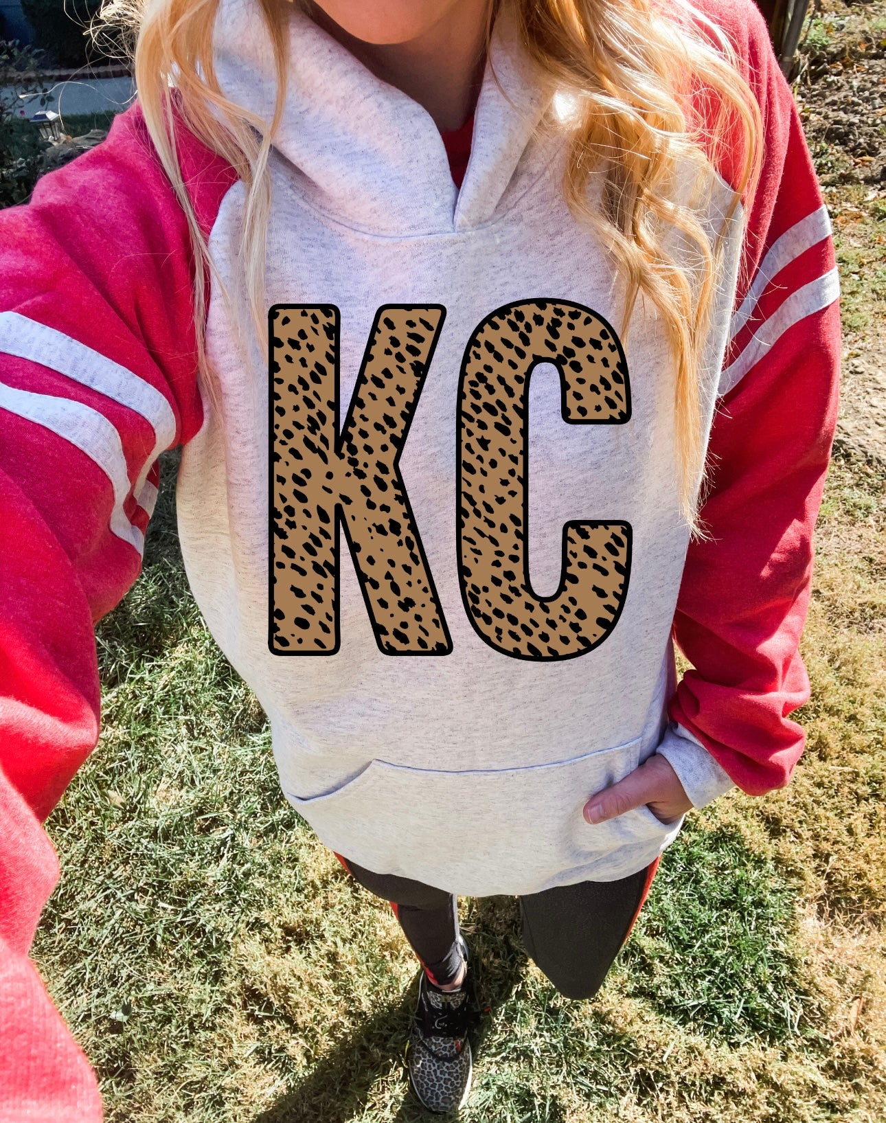 KC Spotted Leopard Red Sleeve Striped Hoodie