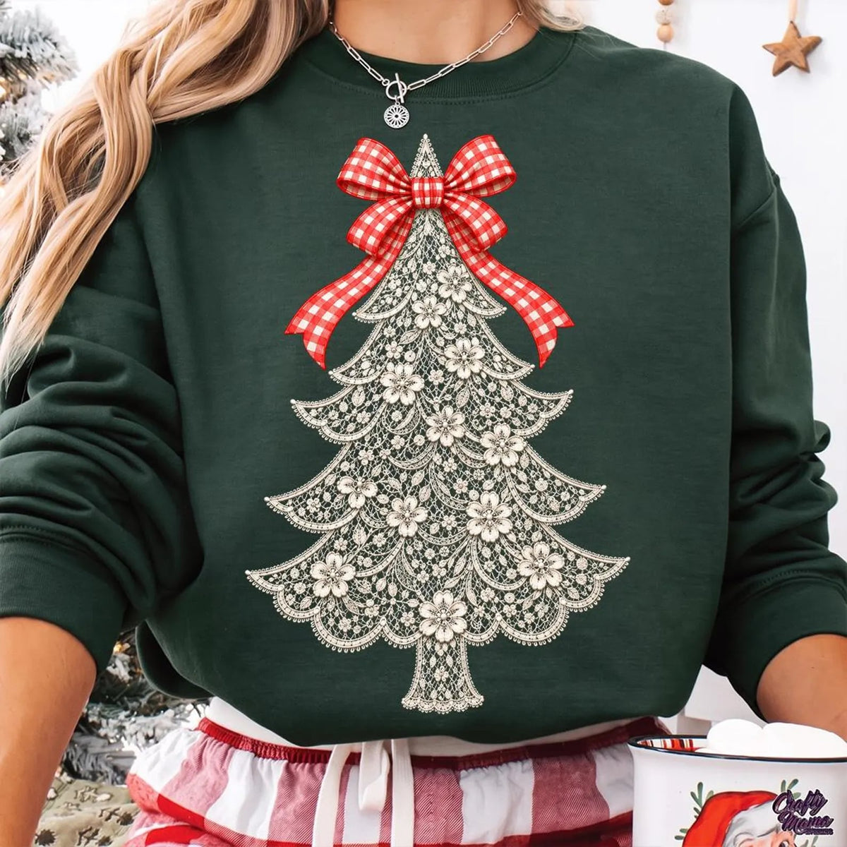 Lace Tree Christmas Checkered Bow Forest Sweatshirt