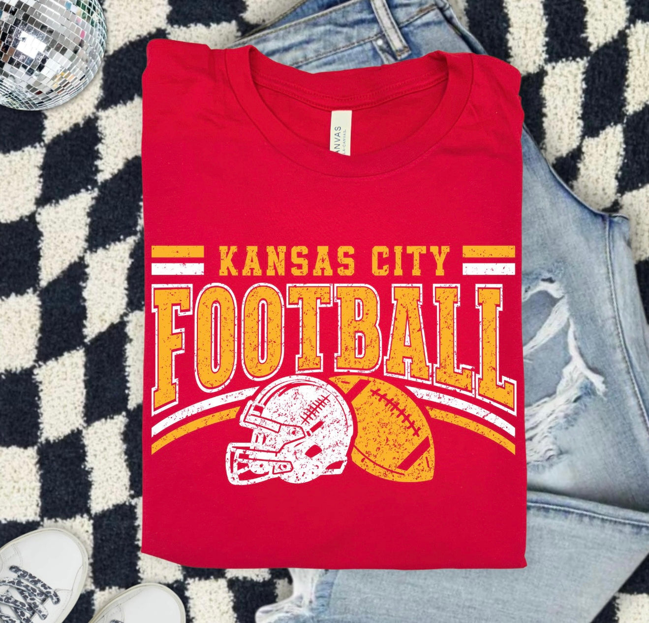 **HALFTIME DEAL** Red & Gold Distressed Kansas City Football White Helmet & Gold Football Red Tee