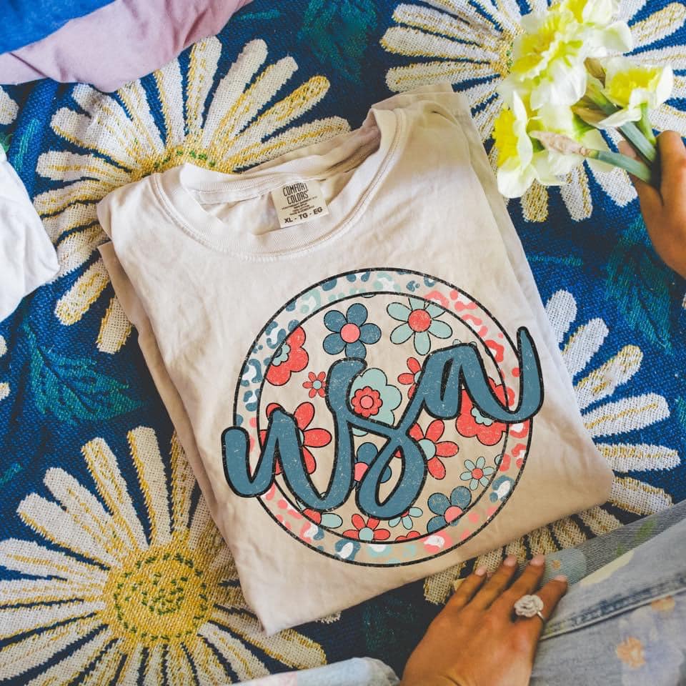 USA Floral Script Ivory Tee
