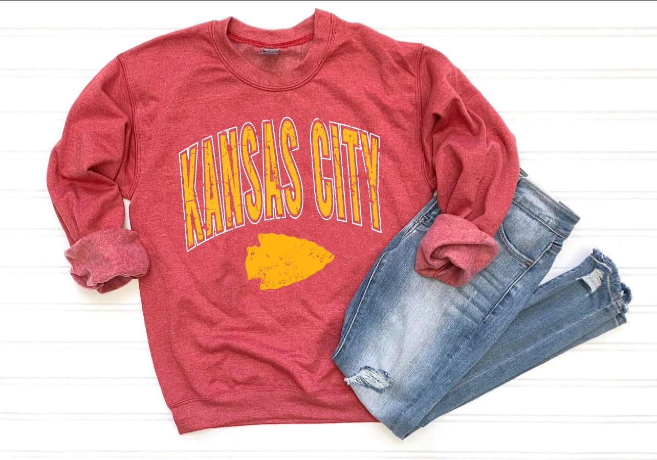 **HALFTIME DEAL** Distressed Gold Kansas City Gold Arrowhead With Outline Heather Red Sweatshirt