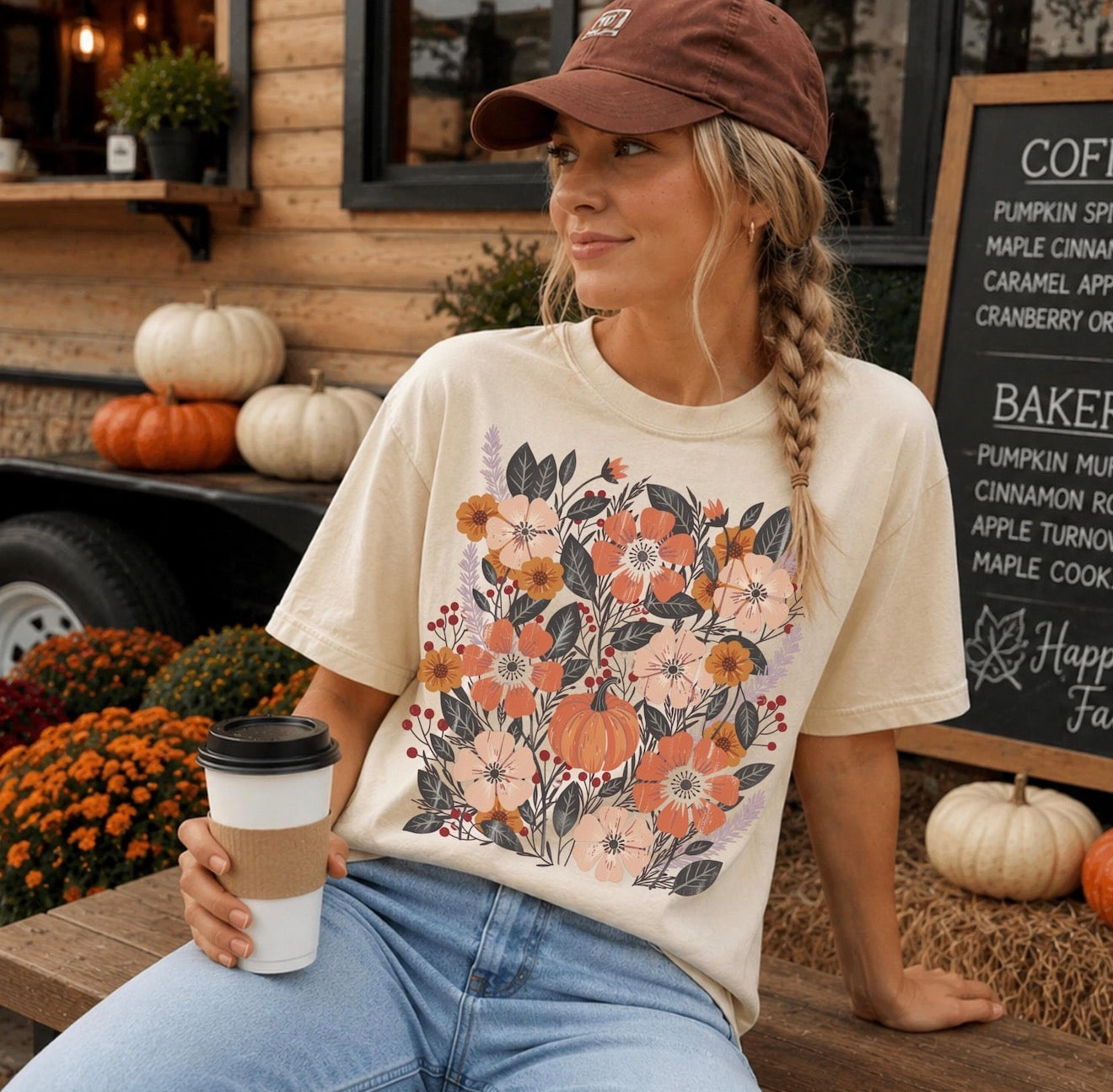 Boho Autumn Wildflowers & Pumpkins Natural Tee