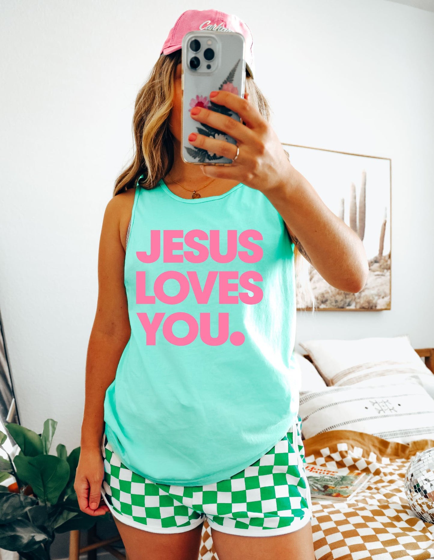 Bright Pink Jesus Loves You Island Reef Tank Top