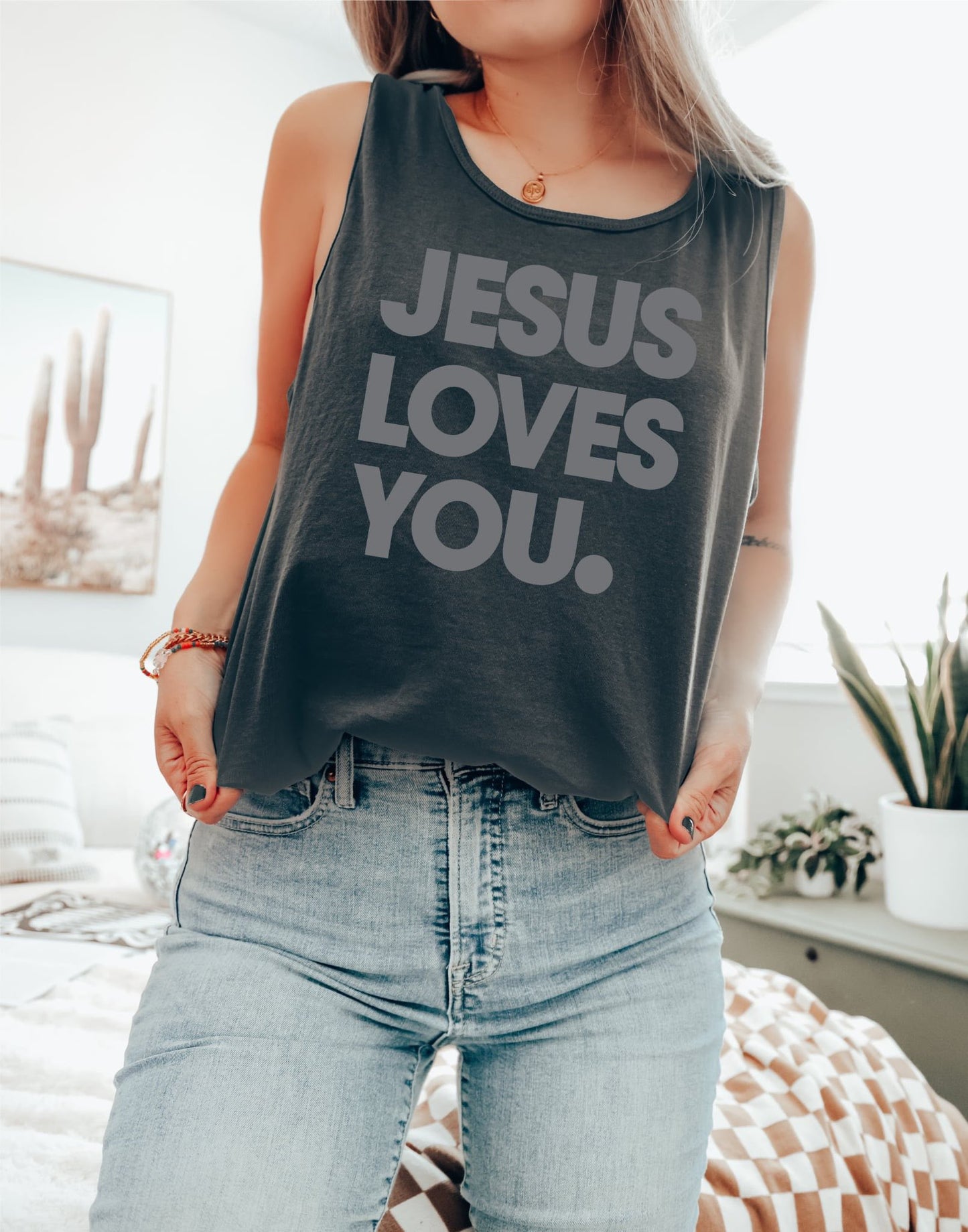 Grey Jesus Loves you Pepper Tank Top