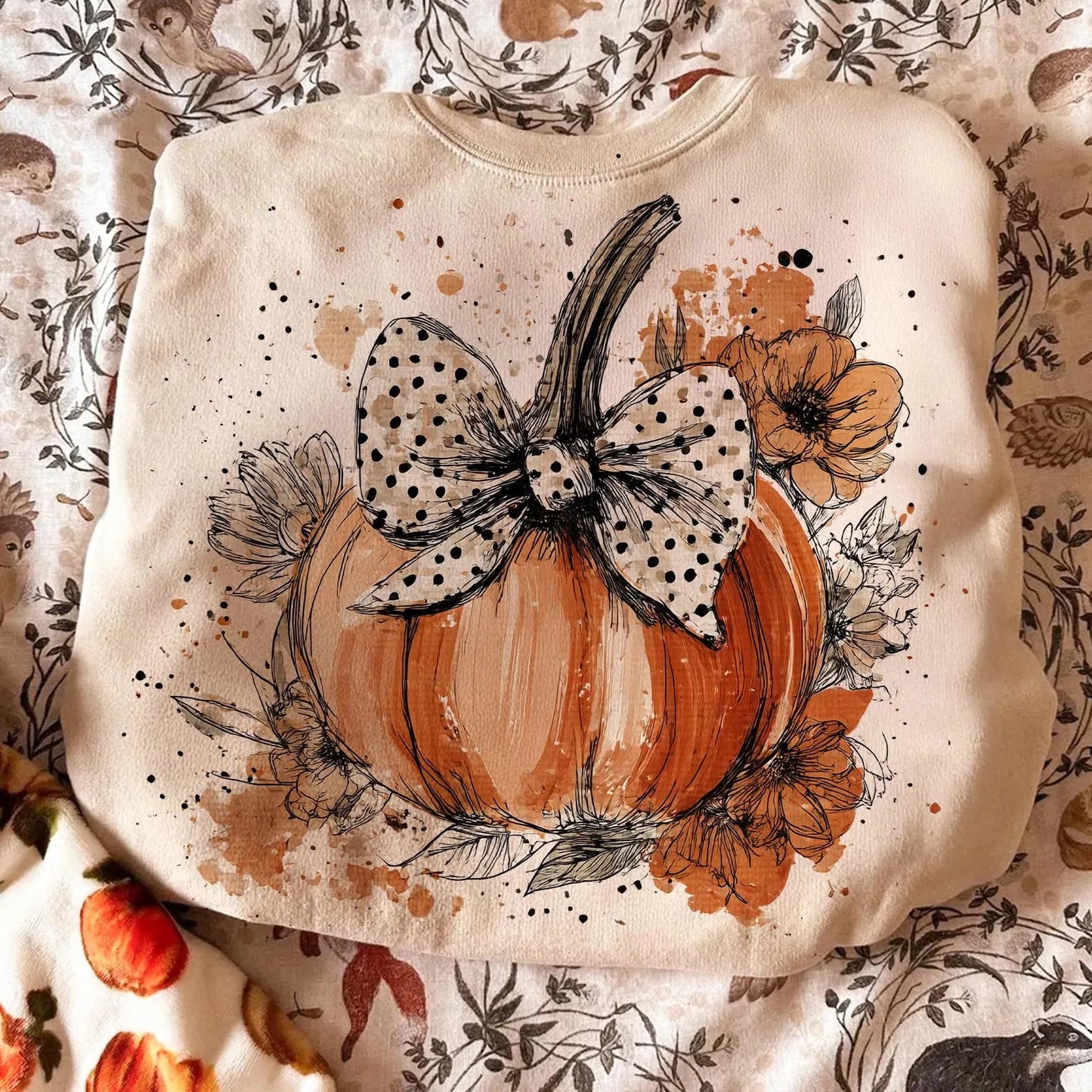 **DEAL OF THE DAY** spotted Bow Floral Pumpkin Sand Sweatshirt