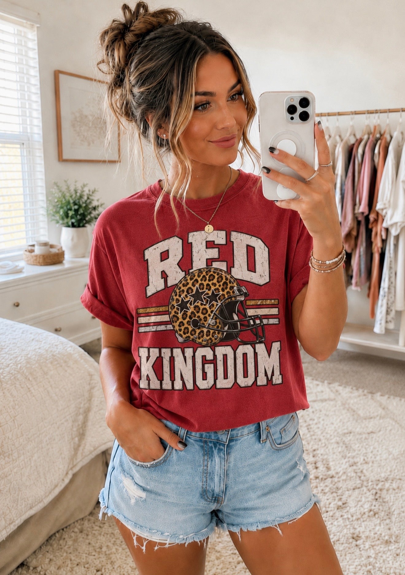 **HALFTIME DEAL** White Distressed Red Kingdon Leopard Helmet Crimson Tee