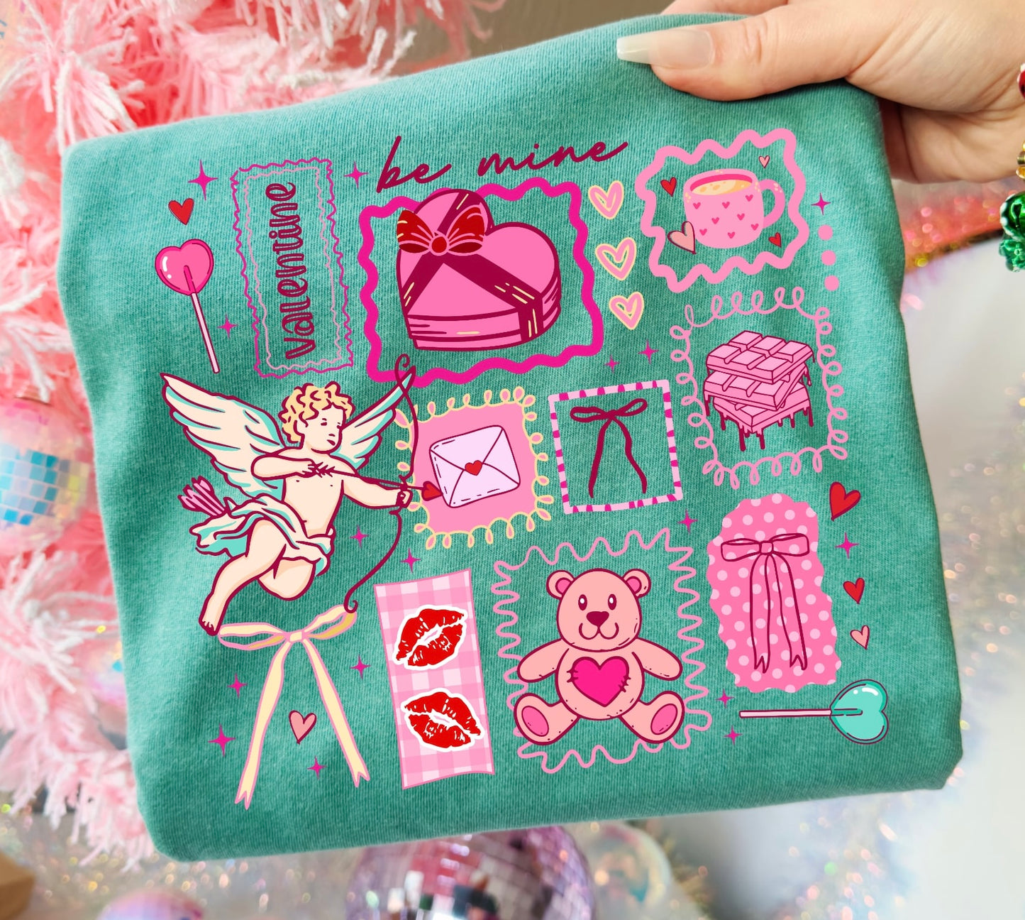 Be Mine Valentine Collage Light Green Tee