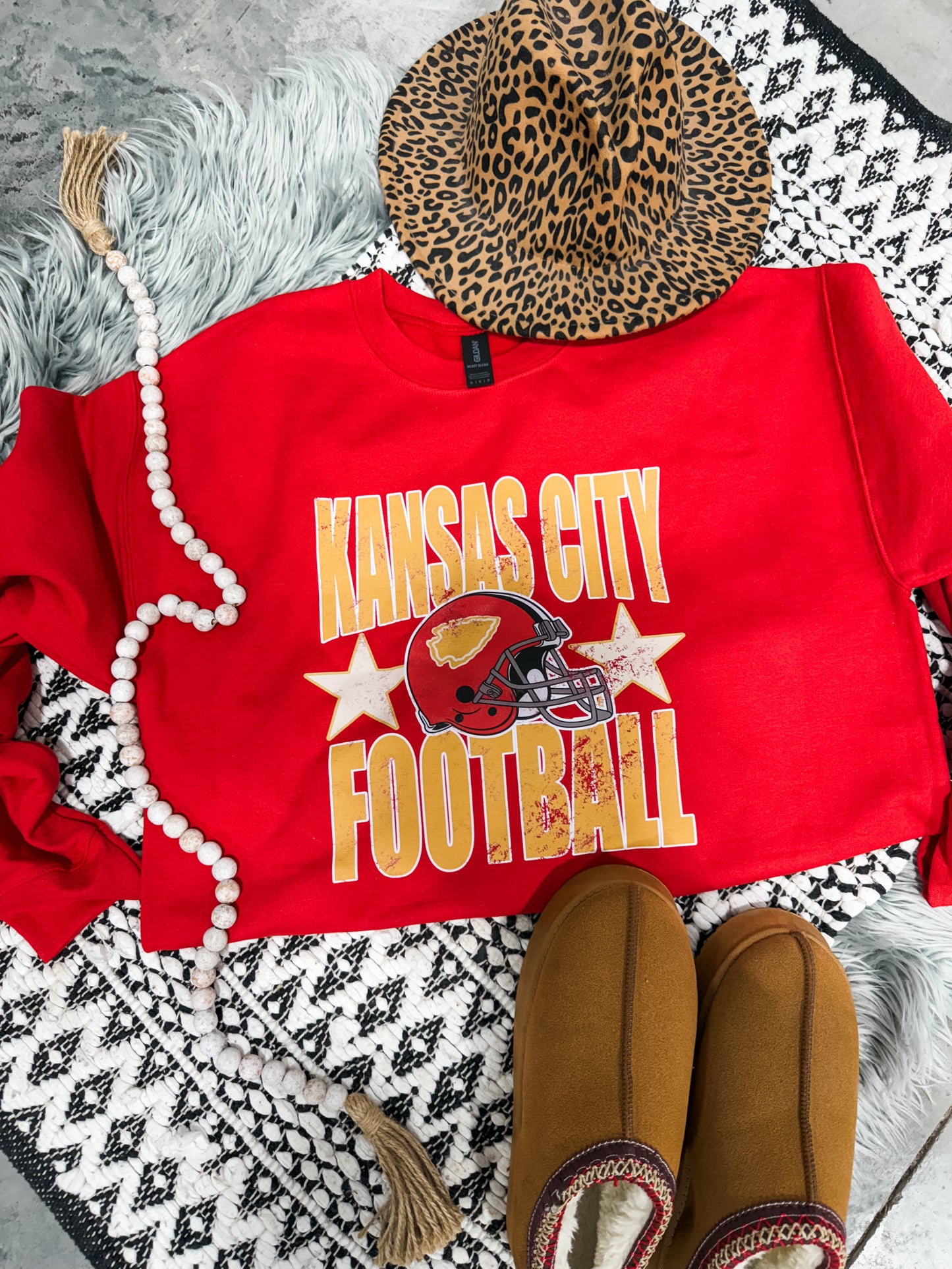 Gold Oversized Block Letters Kansas City Football Red Sweatshirt