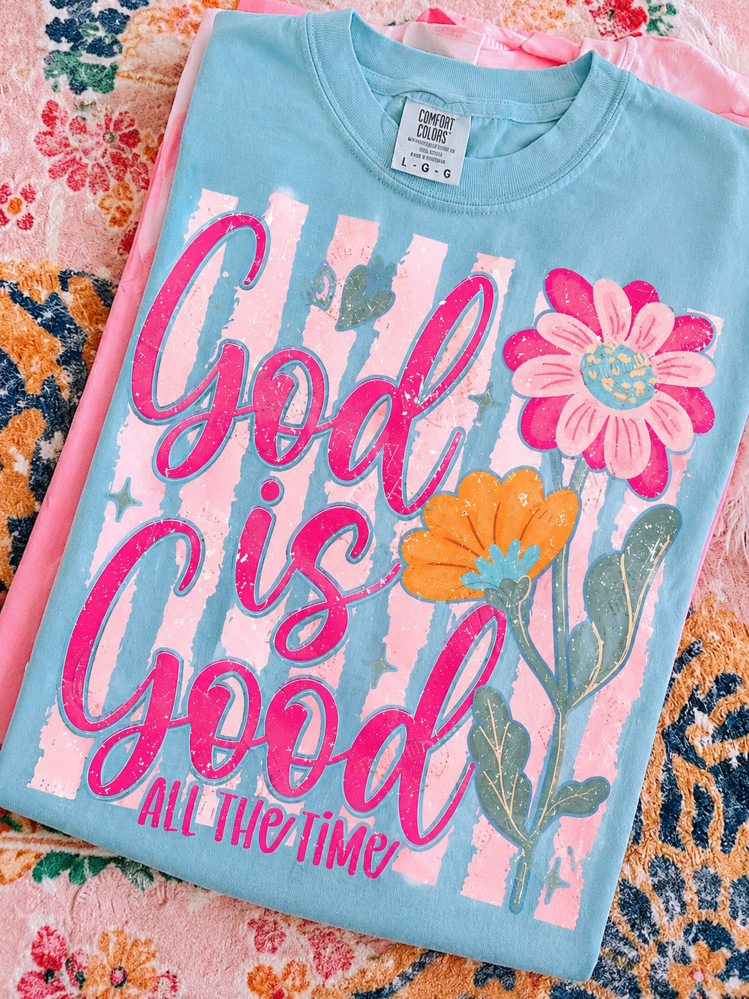 **DEAL OF THE DAY** Pink Striped God Is Good All The Time Chalky Mint Tee